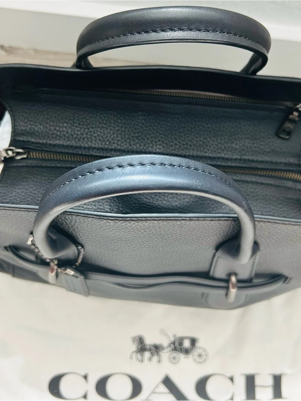 Coach Black Leather Tote with Signature Tag